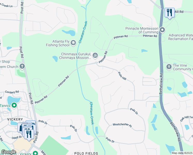 map of restaurants, bars, coffee shops, grocery stores, and more near 7415 Northampton Court in Cumming