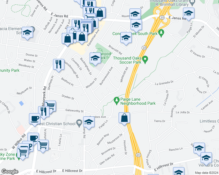 map of restaurants, bars, coffee shops, grocery stores, and more near 731 Tudor Circle in Thousand Oaks