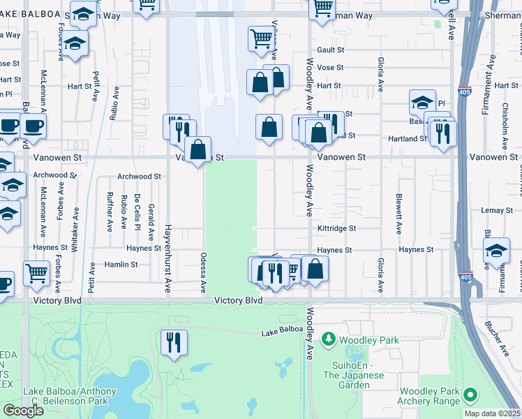 map of restaurants, bars, coffee shops, grocery stores, and more near 6627 Valjean Avenue in Los Angeles