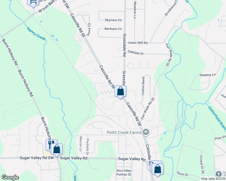 map of restaurants, bars, coffee shops, grocery stores, and more near 56 Point Place Drive in Cartersville