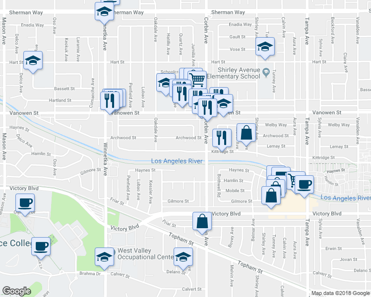 map of restaurants, bars, coffee shops, grocery stores, and more near 19751 Kittridge Street in Los Angeles