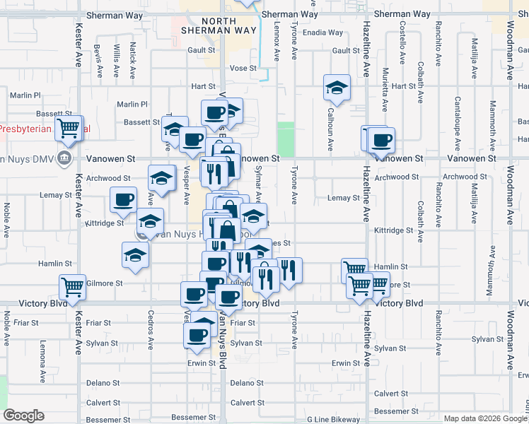 map of restaurants, bars, coffee shops, grocery stores, and more near 6616 Sylmar Avenue in Los Angeles