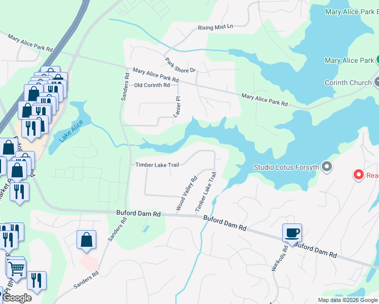 map of restaurants, bars, coffee shops, grocery stores, and more near 975 Timber Lake Trail in Cumming