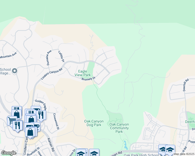 map of restaurants, bars, coffee shops, grocery stores, and more near 5420 Bromely Drive in Oak Park