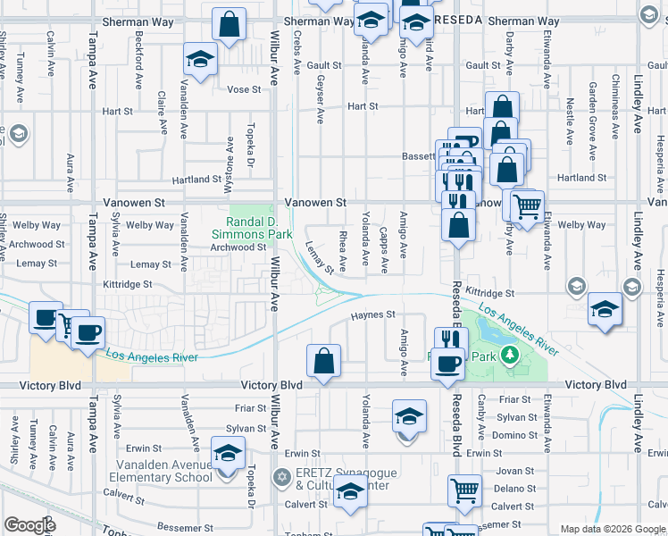 map of restaurants, bars, coffee shops, grocery stores, and more near 18744 Lemay Street in Los Angeles
