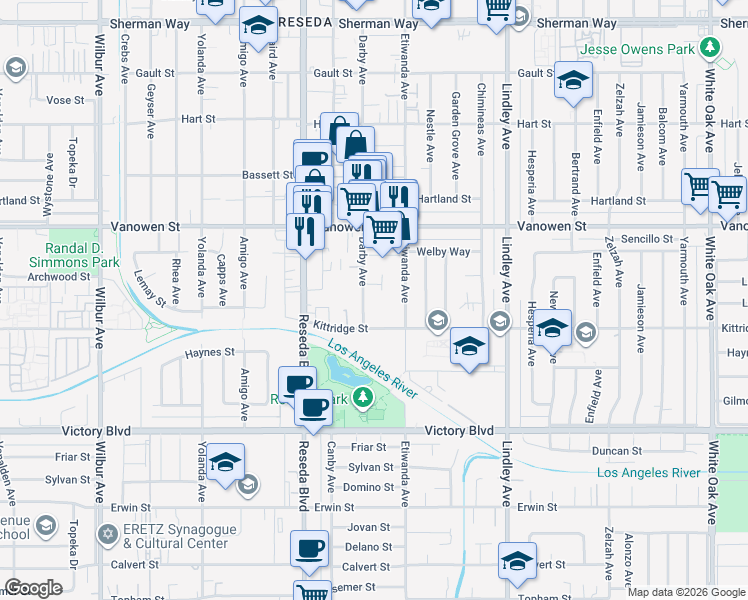 map of restaurants, bars, coffee shops, grocery stores, and more near 6620 Darby Avenue in Los Angeles