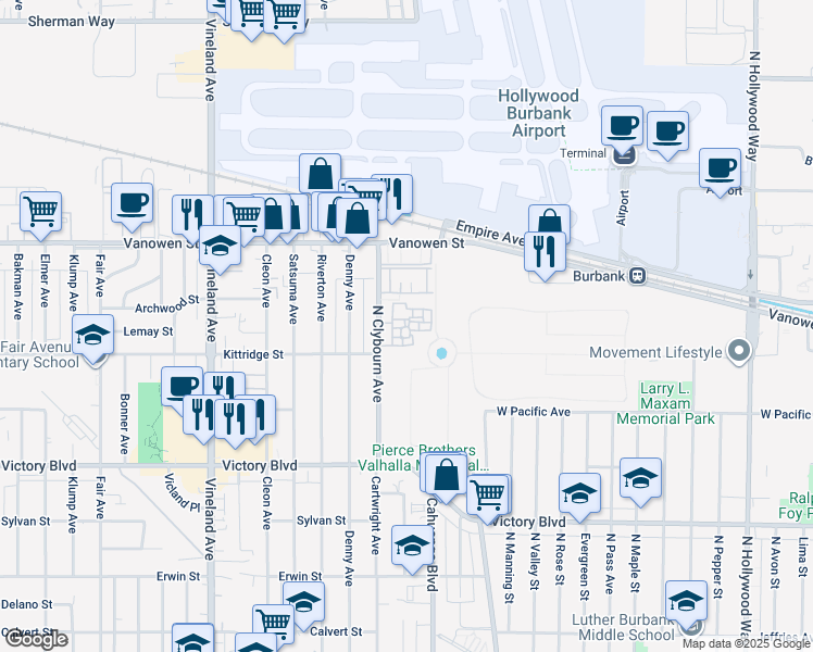 map of restaurants, bars, coffee shops, grocery stores, and more near 6616 Clybourn Avenue in Los Angeles
