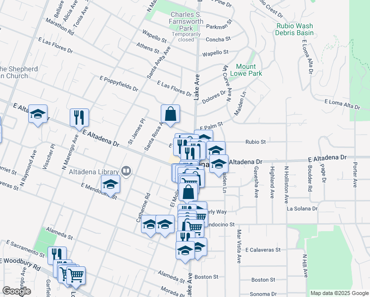 map of restaurants, bars, coffee shops, grocery stores, and more near 755 East Pine Street in Altadena