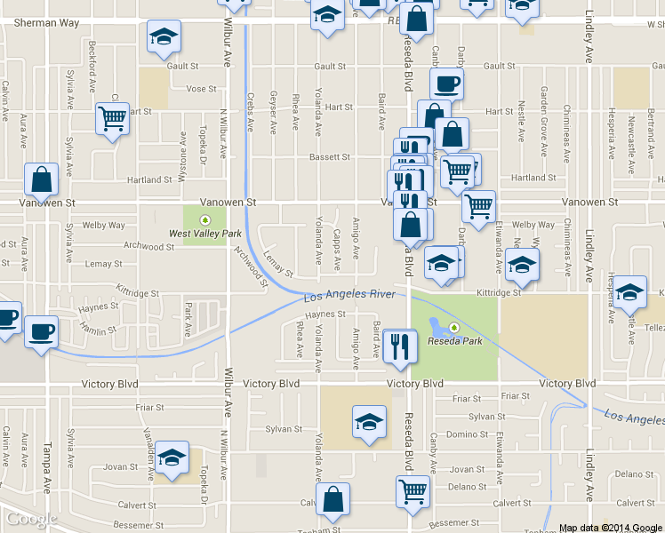 map of restaurants, bars, coffee shops, grocery stores, and more near 6637 Capps Avenue in Los Angeles