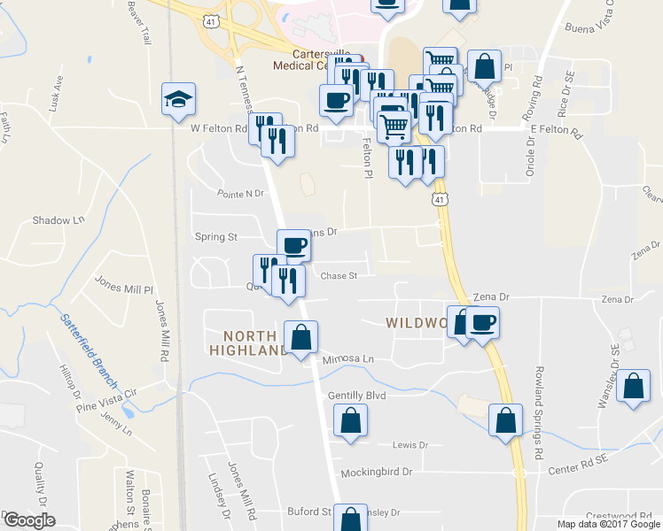 map of restaurants, bars, coffee shops, grocery stores, and more near 217 Mountain Street in Cartersville
