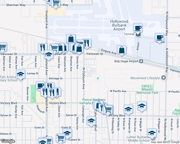 map of restaurants, bars, coffee shops, grocery stores, and more near 6620 Clybourn Avenue in Los Angeles
