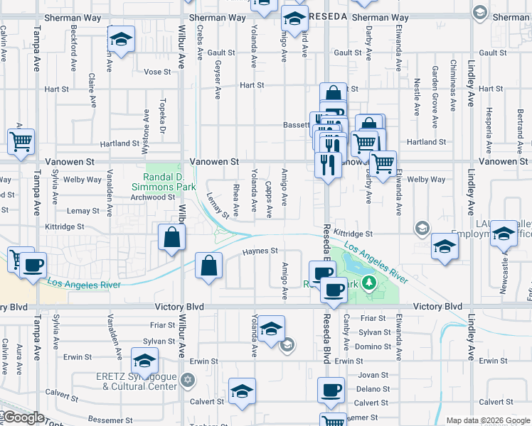 map of restaurants, bars, coffee shops, grocery stores, and more near 6637 Capps Avenue in Los Angeles