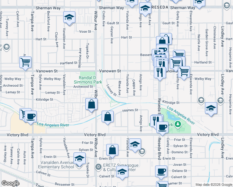 map of restaurants, bars, coffee shops, grocery stores, and more near 18749 Lemay Street in Los Angeles