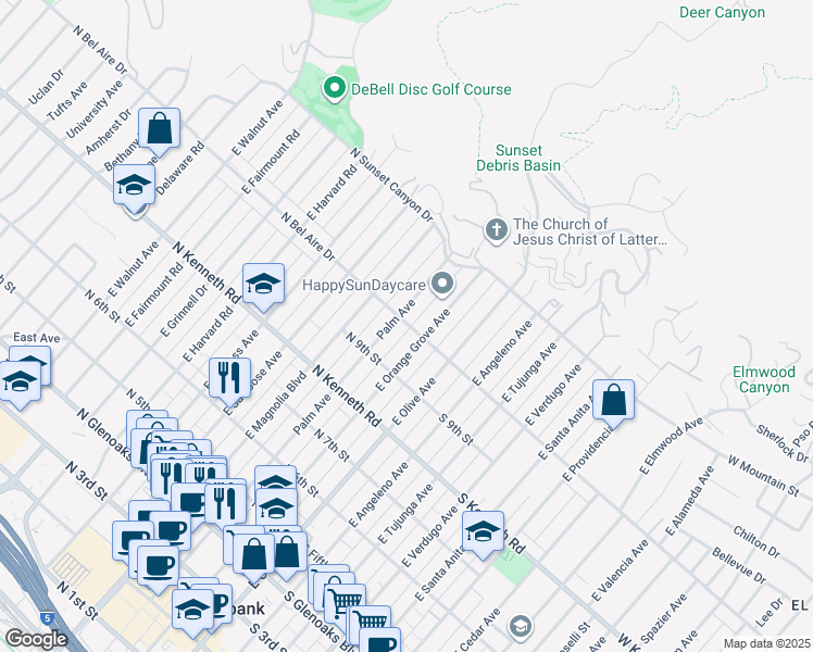 map of restaurants, bars, coffee shops, grocery stores, and more near 217 North Bel Aire Drive in Burbank