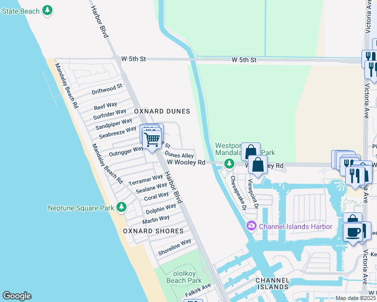 map of restaurants, bars, coffee shops, grocery stores, and more near 4812 Dunes Street in Oxnard