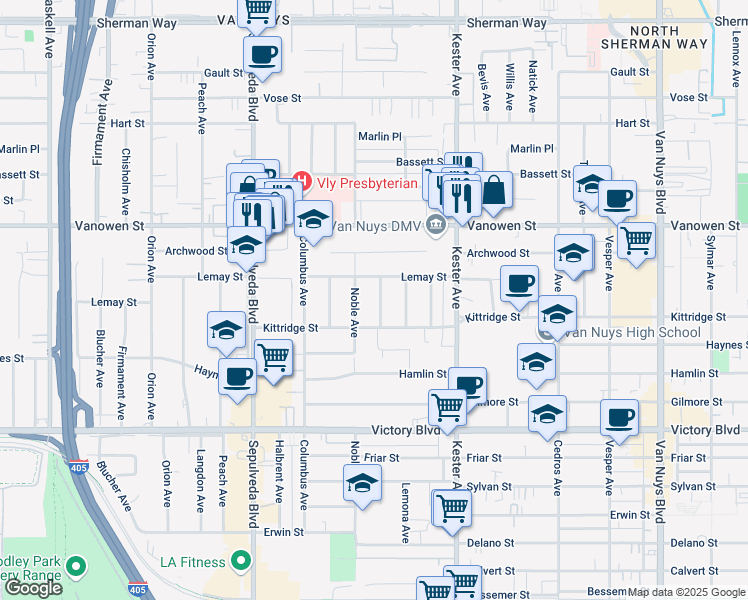 map of restaurants, bars, coffee shops, grocery stores, and more near 6621 Norwich Avenue in Los Angeles