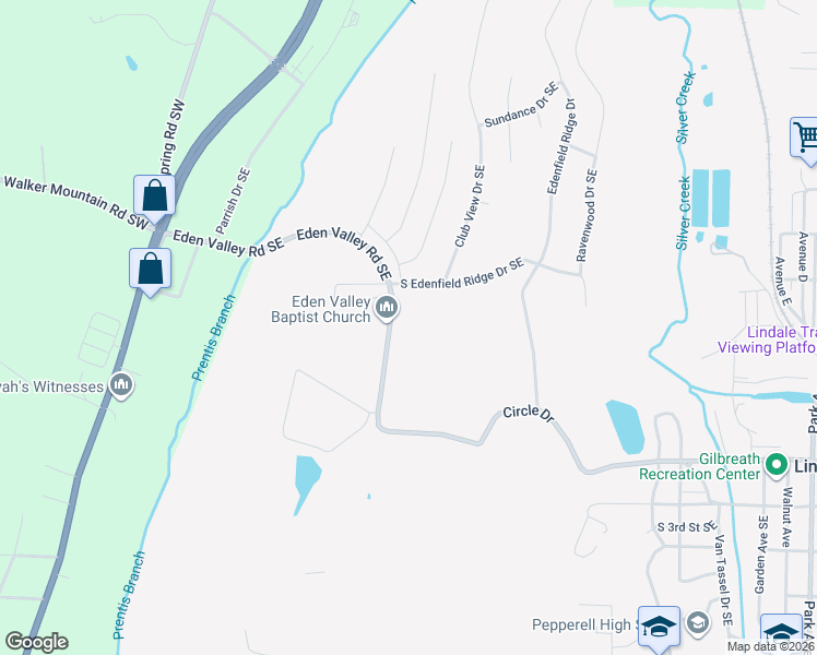 map of restaurants, bars, coffee shops, grocery stores, and more near 351 Eden Valley Road Southeast in Rome