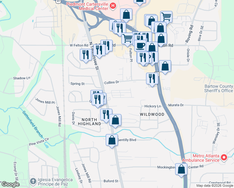 map of restaurants, bars, coffee shops, grocery stores, and more near 213 Mountain Street in Cartersville