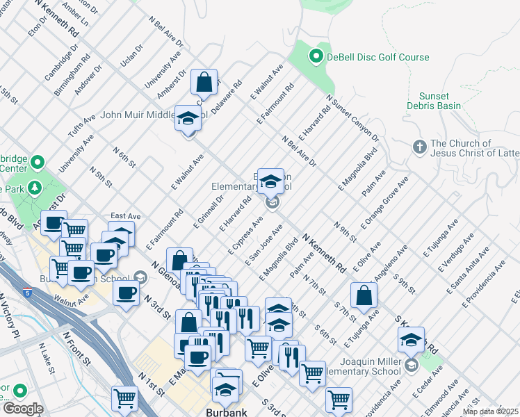 map of restaurants, bars, coffee shops, grocery stores, and more near 731 East Cypress Avenue in Burbank
