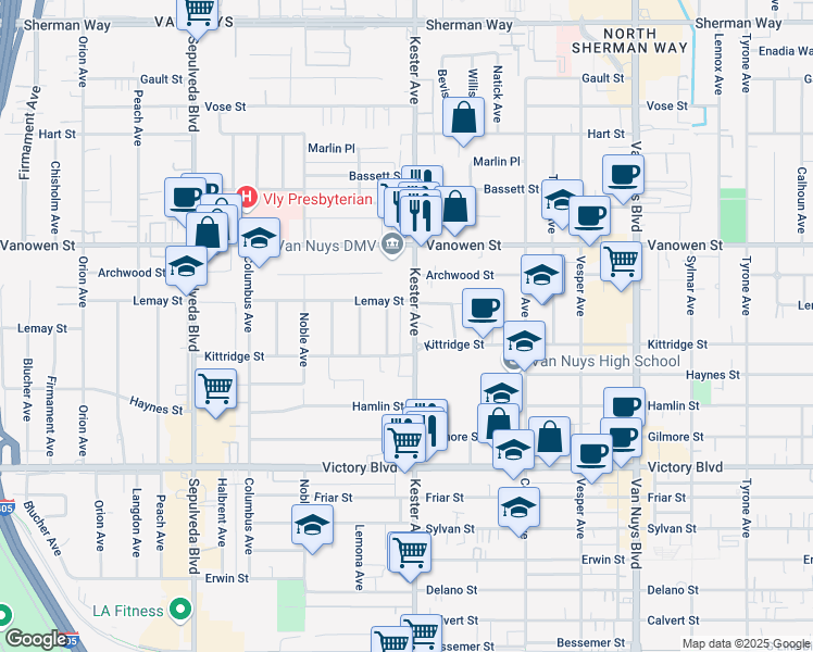 map of restaurants, bars, coffee shops, grocery stores, and more near 6605 Kester Avenue in Los Angeles