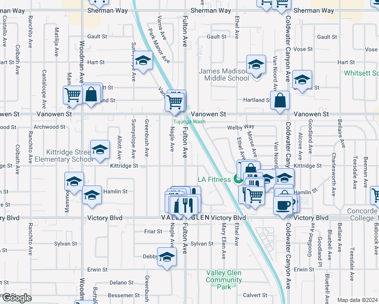 map of restaurants, bars, coffee shops, grocery stores, and more near 6636 Fulton Avenue in Los Angeles