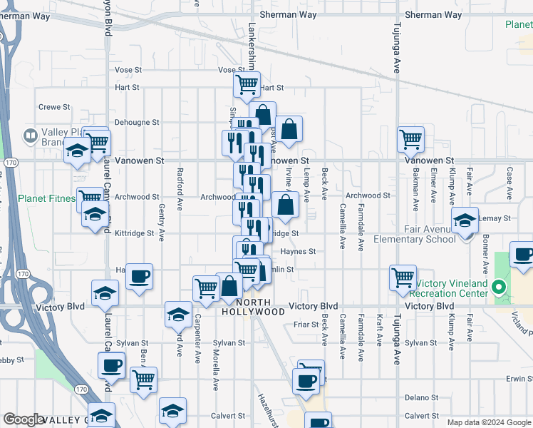 map of restaurants, bars, coffee shops, grocery stores, and more near 6633 Troost Avenue in Los Angeles