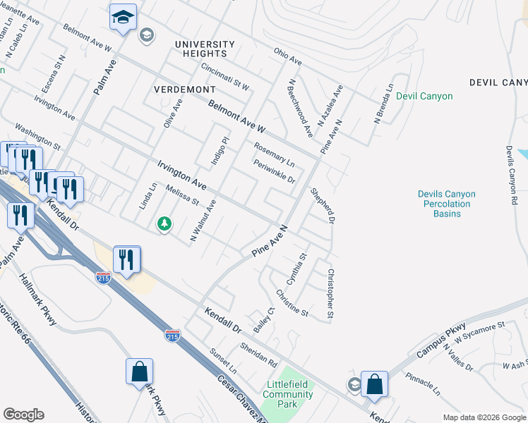 map of restaurants, bars, coffee shops, grocery stores, and more near 2595 Irvington Avenue in San Bernardino