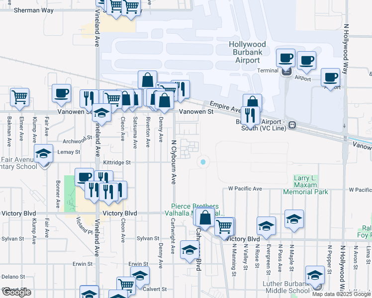 map of restaurants, bars, coffee shops, grocery stores, and more near 6620 Clybourn Avenue in Los Angeles