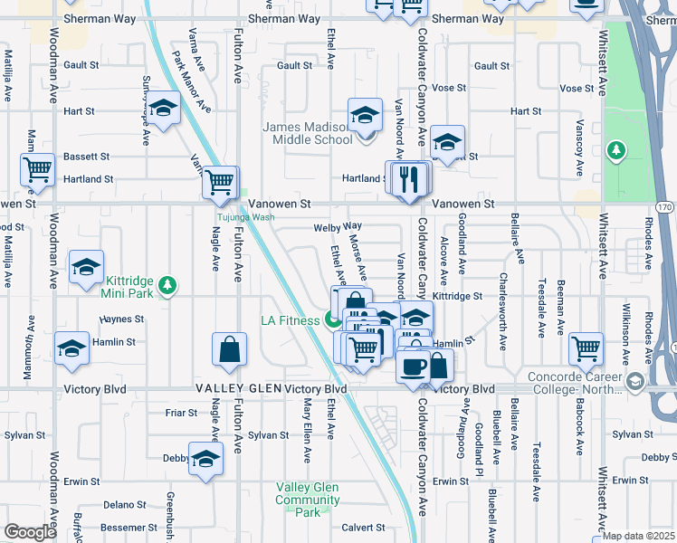map of restaurants, bars, coffee shops, grocery stores, and more near 6634 Ethel Avenue in Los Angeles