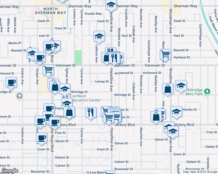 map of restaurants, bars, coffee shops, grocery stores, and more near 6609 Hazeltine Avenue in Los Angeles