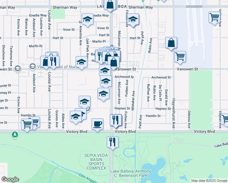 map of restaurants, bars, coffee shops, grocery stores, and more near 6649 Balboa Boulevard in Los Angeles