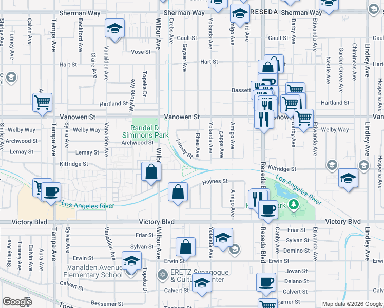 map of restaurants, bars, coffee shops, grocery stores, and more near 18744 Lemay Street in Los Angeles