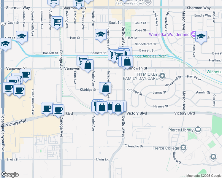 map of restaurants, bars, coffee shops, grocery stores, and more near 6630 Independence Avenue in Los Angeles