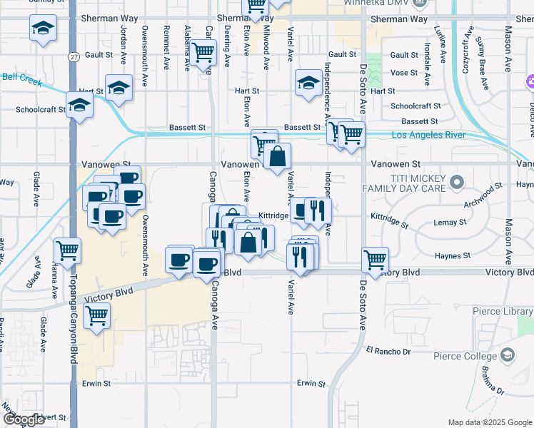 map of restaurants, bars, coffee shops, grocery stores, and more near 3 Kittridge Street in Los Angeles
