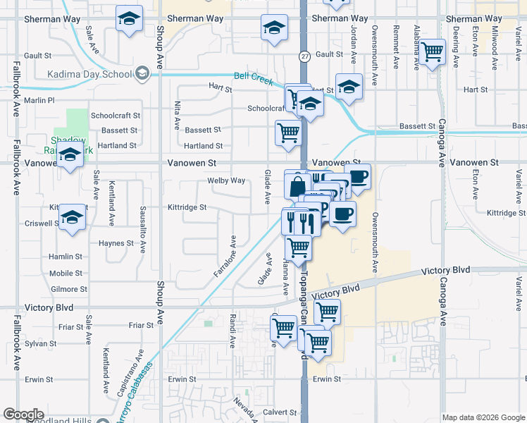 map of restaurants, bars, coffee shops, grocery stores, and more near 22054 Kittridge Street in Los Angeles