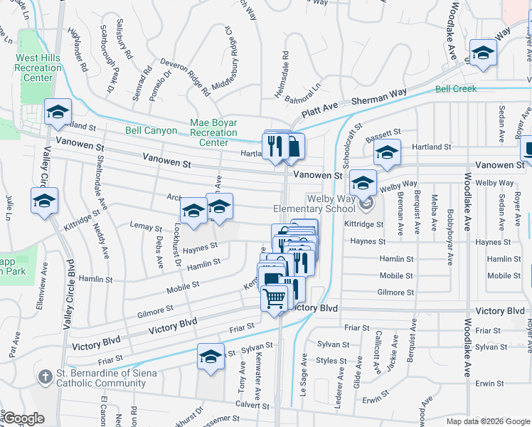 map of restaurants, bars, coffee shops, grocery stores, and more near 23733 Kittridge Street in Los Angeles