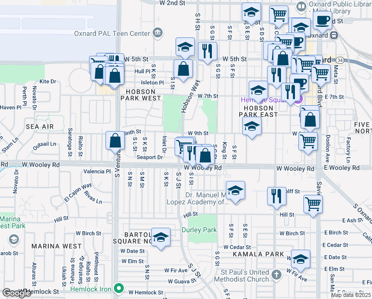 map of restaurants, bars, coffee shops, grocery stores, and more near 1021 Ilena Street in Oxnard