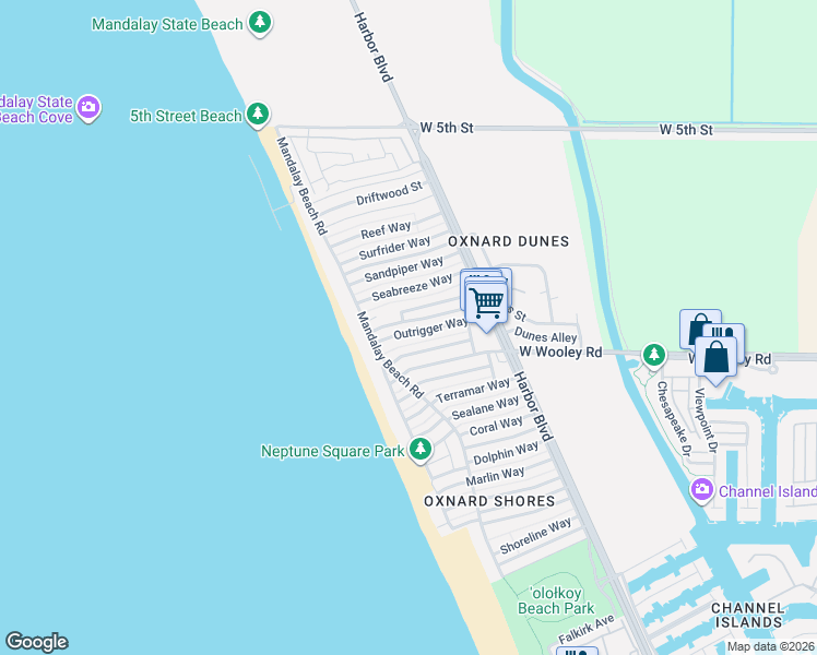 map of restaurants, bars, coffee shops, grocery stores, and more near 5246 Outrigger Way in Oxnard