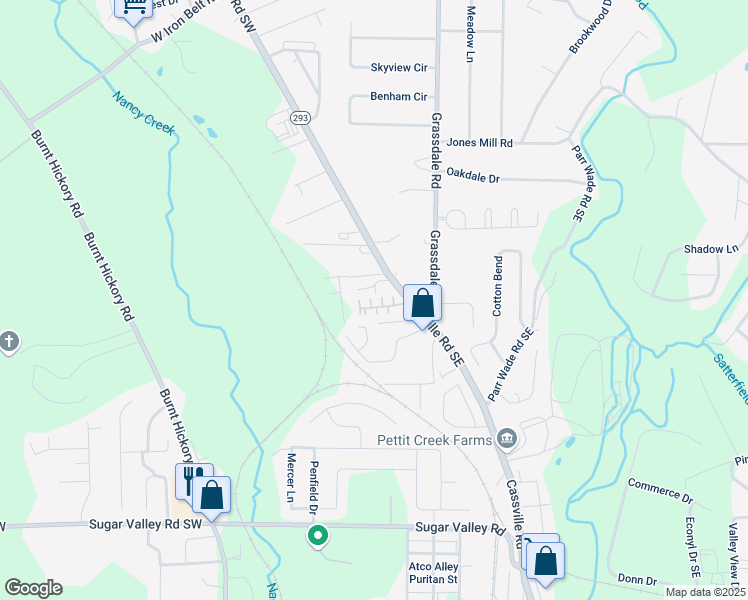 map of restaurants, bars, coffee shops, grocery stores, and more near 56 Point Place Drive in Cartersville