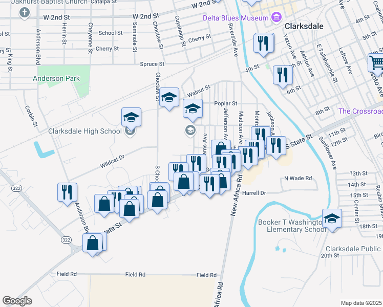 map of restaurants, bars, coffee shops, grocery stores, and more near 414 Washington Avenue in Clarksdale