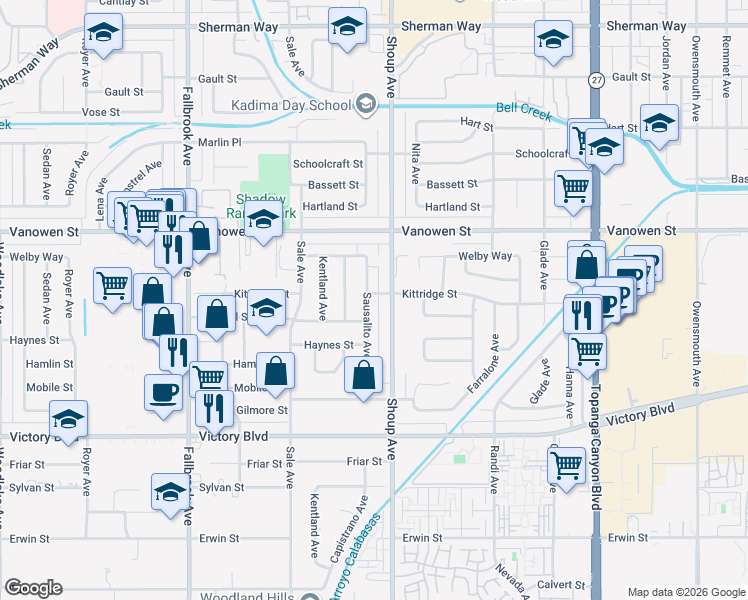 map of restaurants, bars, coffee shops, grocery stores, and more near 6640 Sausalito Avenue in Los Angeles
