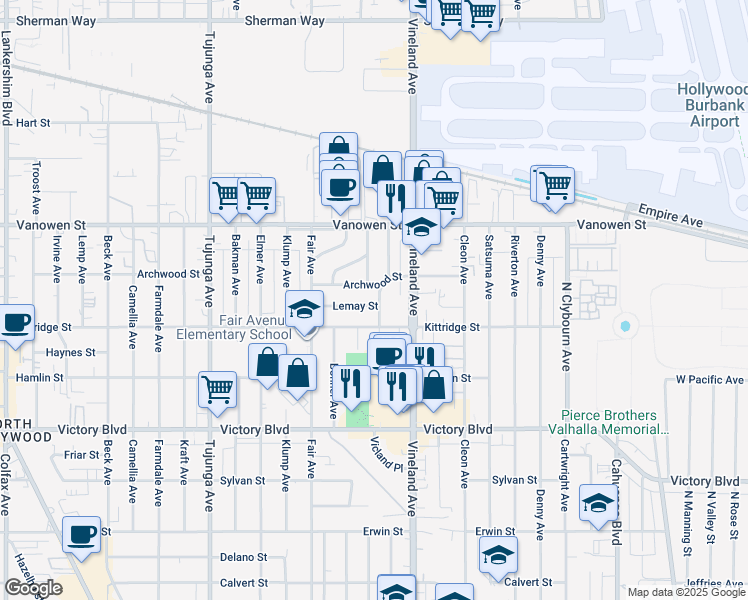 map of restaurants, bars, coffee shops, grocery stores, and more near 11051 Lemay Street in Los Angeles