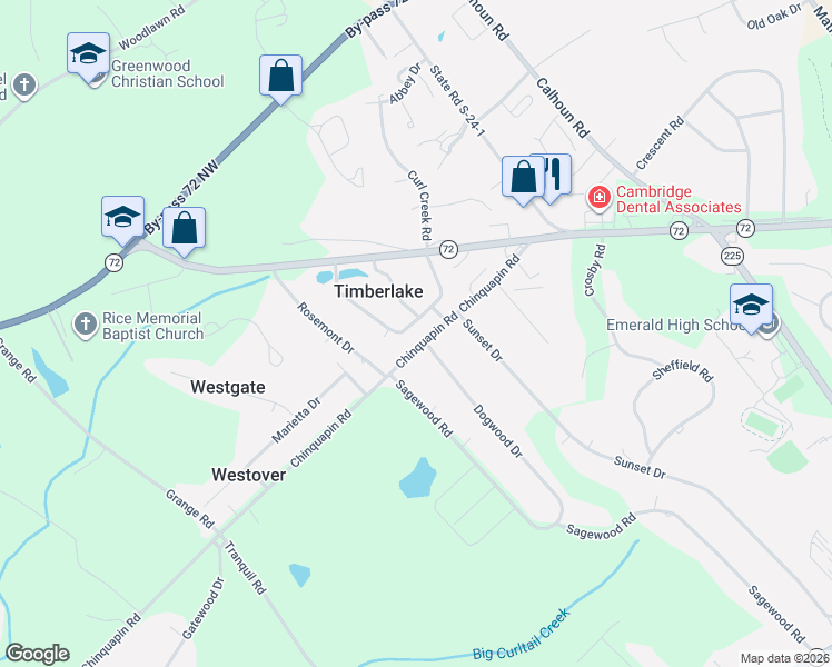 map of restaurants, bars, coffee shops, grocery stores, and more near 205 Forest Drive West in Greenwood
