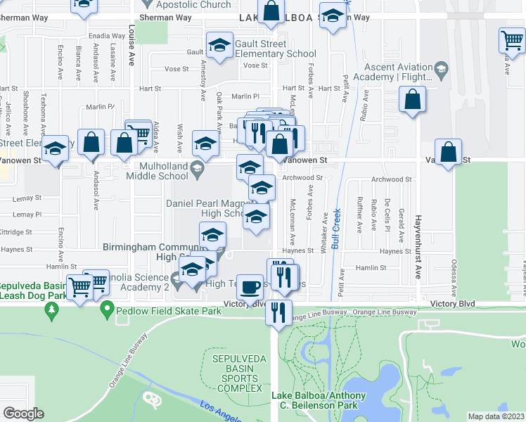 map of restaurants, bars, coffee shops, grocery stores, and more near 6649 Balboa Boulevard in Los Angeles