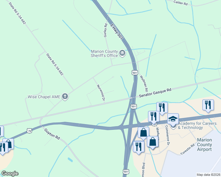 map of restaurants, bars, coffee shops, grocery stores, and more near 2210 Senator Gasque Road in Marion