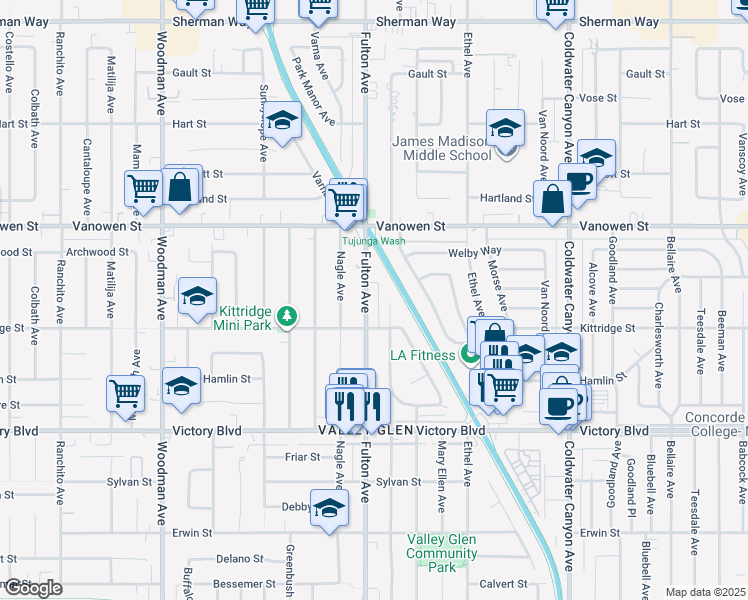 map of restaurants, bars, coffee shops, grocery stores, and more near 6636 Fulton Avenue in Los Angeles