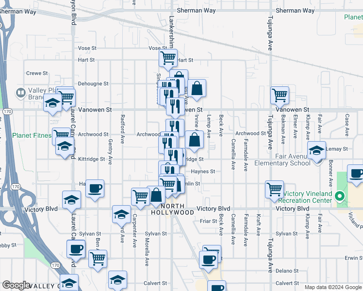 map of restaurants, bars, coffee shops, grocery stores, and more near 6633 Troost Avenue in Los Angeles