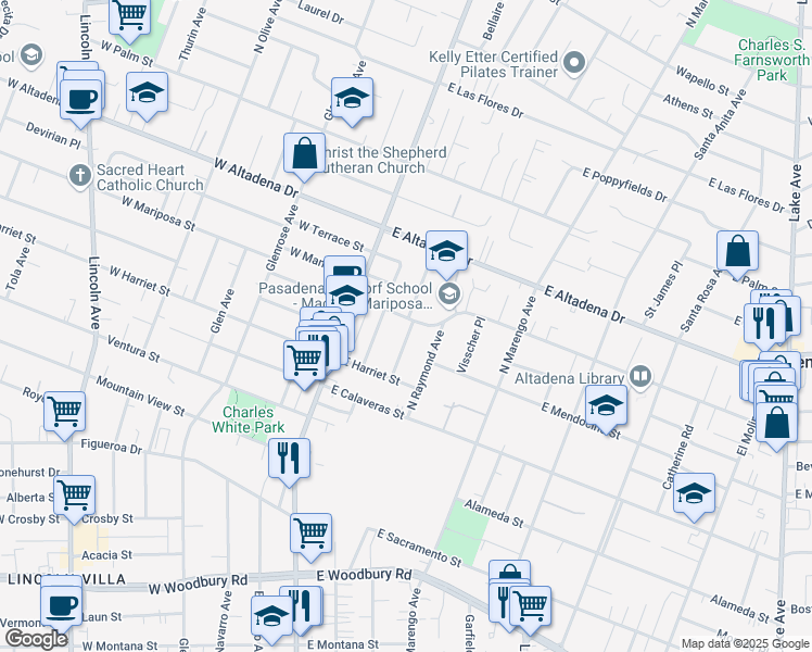 map of restaurants, bars, coffee shops, grocery stores, and more near 104 East Mariposa Street in Altadena