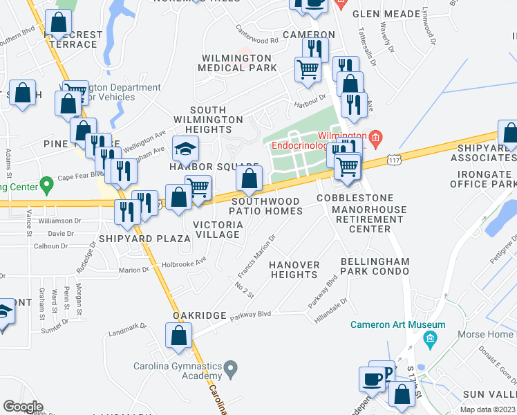 map of restaurants, bars, coffee shops, grocery stores, and more near 1188 Shipyard Boulevard in Wilmington