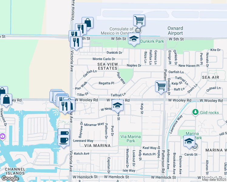 map of restaurants, bars, coffee shops, grocery stores, and more near 3420 Schooner Walk in Oxnard
